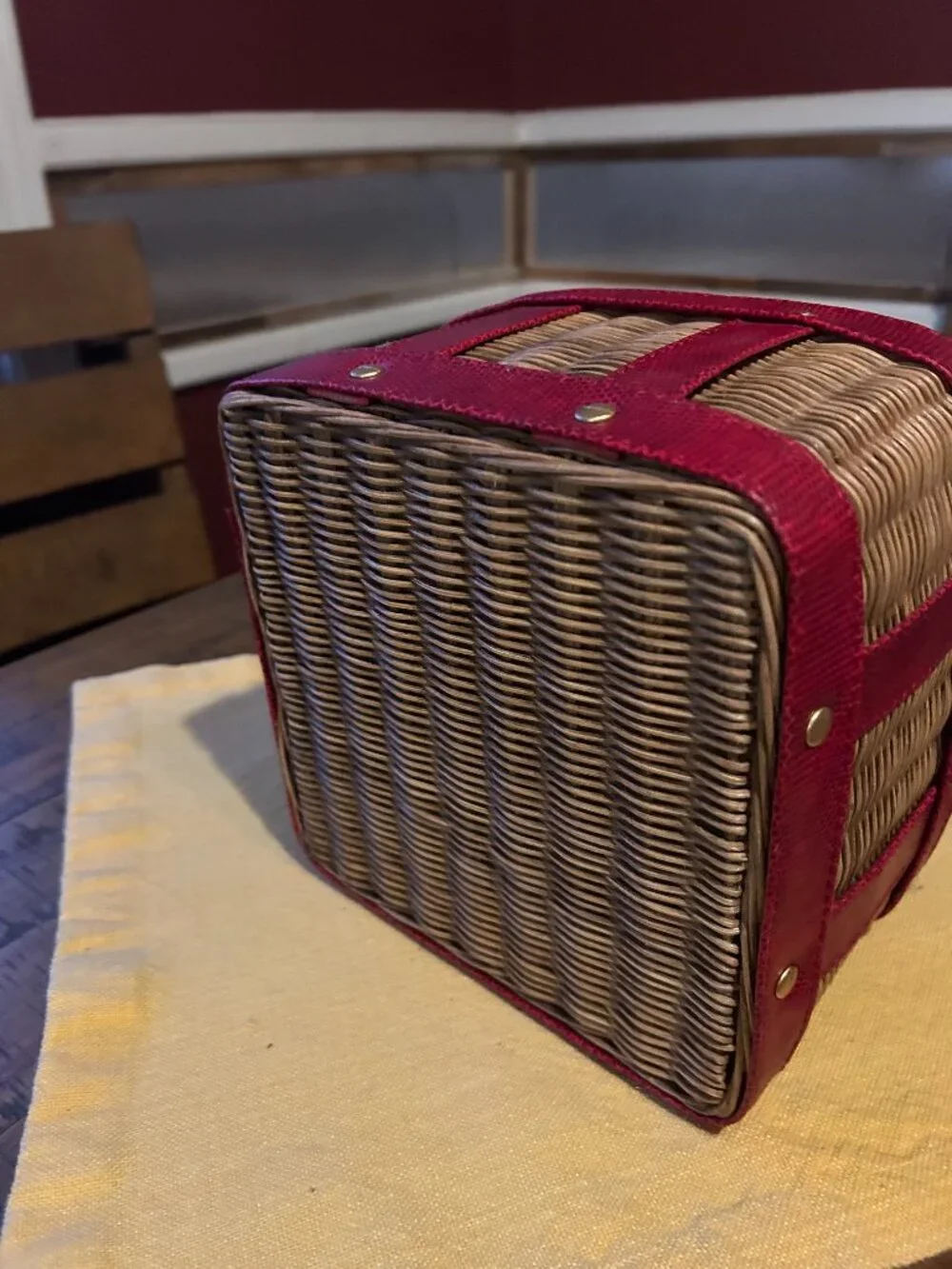 Wicker Basket  w burgundy leather straps   lined   9x9  5in  height